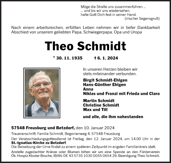 Traueranzeige von Theo Schmidt von Siegener Zeitung