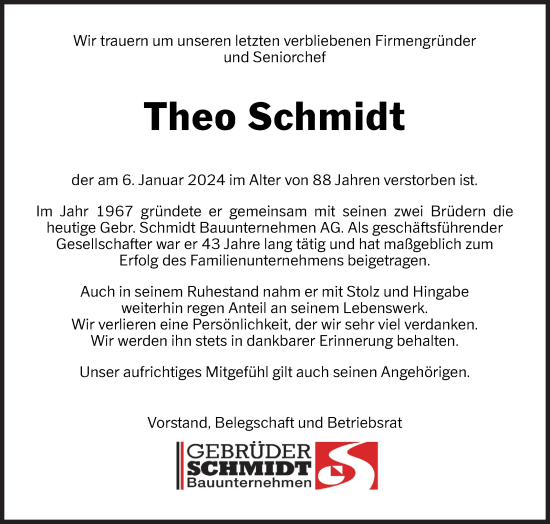 Traueranzeige von Theo Schmidt von Siegener Zeitung