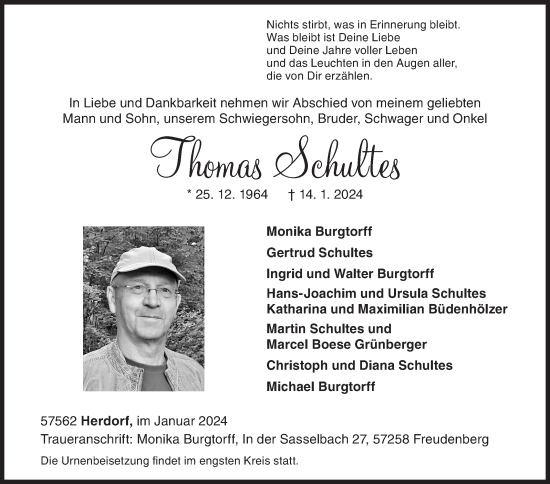 Traueranzeige von Thomas Schultes von Siegener Zeitung
