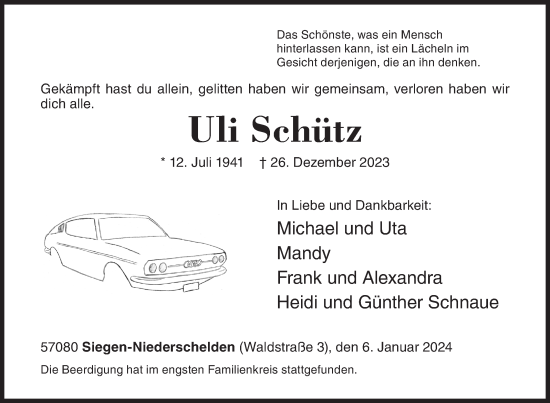 Traueranzeige von Uli Schütz von Siegener Zeitung