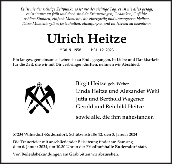 Traueranzeige von Ulrich Heitze von Siegener Zeitung