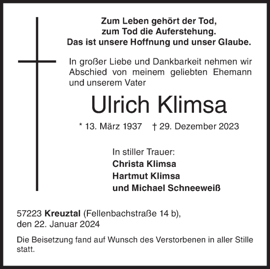 Traueranzeige von Ulrich Klimsa von Siegener Zeitung