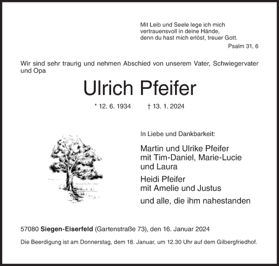Traueranzeige von Ulrich Pfeifer von Siegener Zeitung