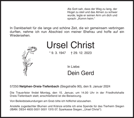 Traueranzeige von Ursel Christ von Siegener Zeitung