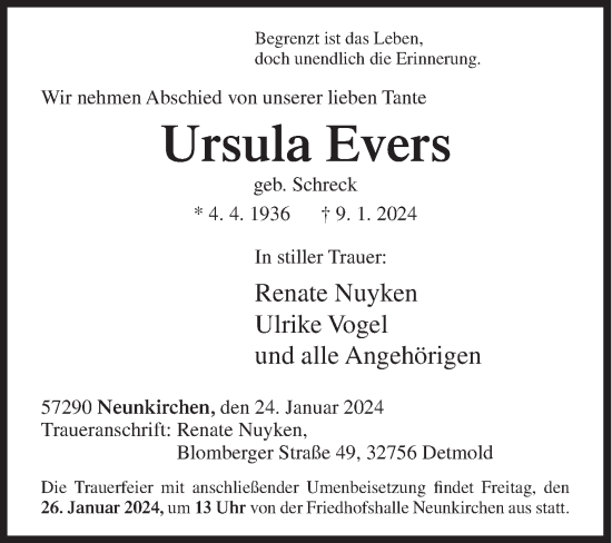 Traueranzeige von Ursula Evers von Siegener Zeitung