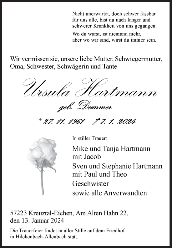 Traueranzeige von Ursula Hartmann von Siegener Zeitung