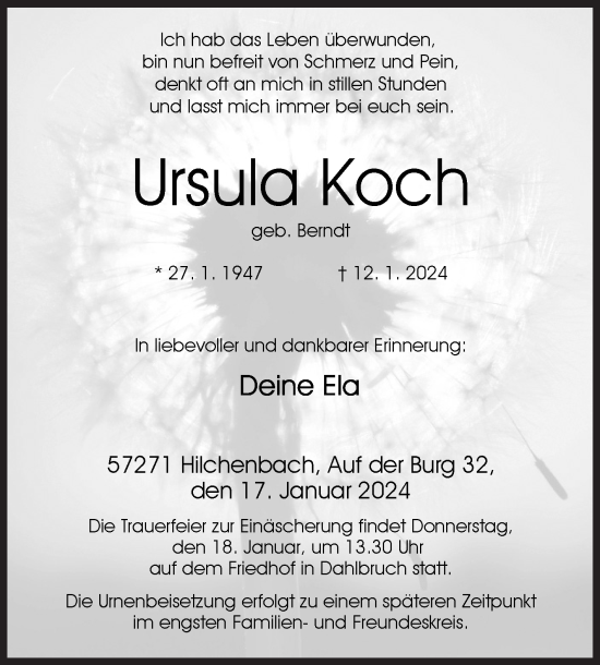 Traueranzeige von Ursula Koch von Siegener Zeitung