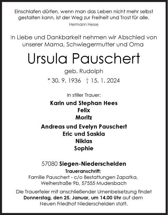 Traueranzeige von Ursula Pauschert von Siegener Zeitung