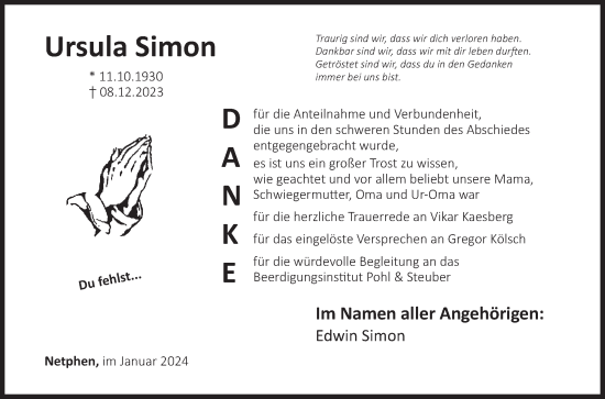 Traueranzeige von Ursula Simon von Siegener Zeitung