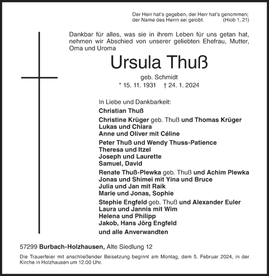 Traueranzeige von Ursula Thuß von Siegener Zeitung