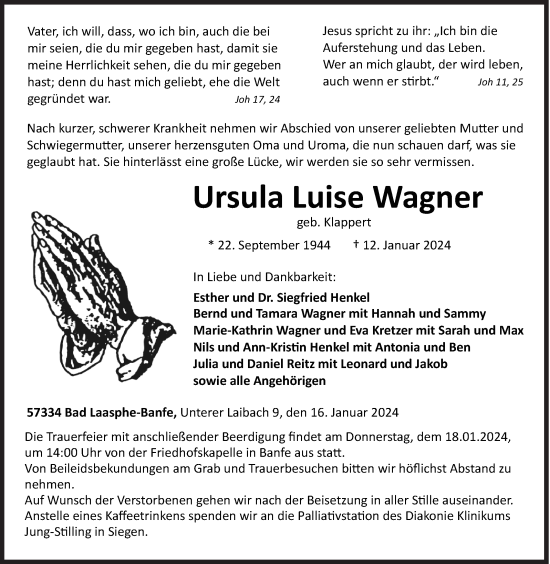 Traueranzeige von Ursula  Wagner von Siegener Zeitung