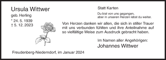 Traueranzeige von Ursula Wittwer von Siegener Zeitung