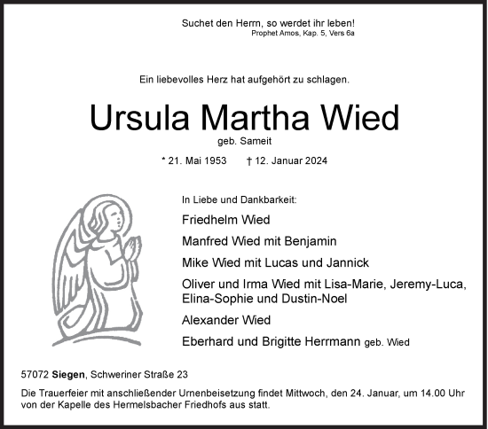 Traueranzeige von Ursula Martha Wied von Siegener Zeitung