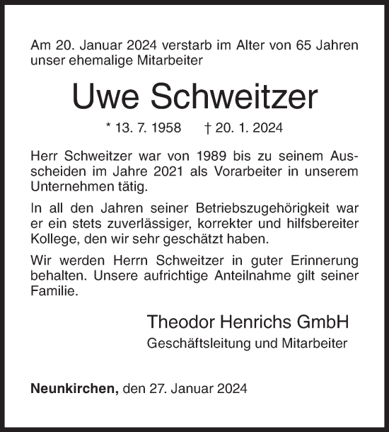Traueranzeige von Uwe Schweitzer von Siegener Zeitung