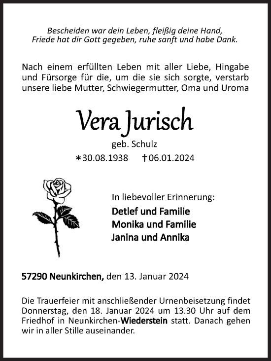Traueranzeige von Vera Jurisch von Siegener Zeitung