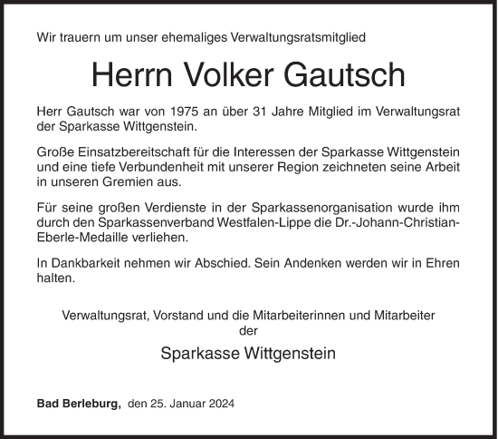 Traueranzeige von Volker Gautsch von Siegener Zeitung