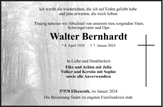 Traueranzeige von Walter Bernhardt von Siegener Zeitung