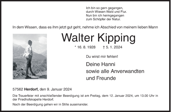 Traueranzeige von Walter Kipping von Siegener Zeitung