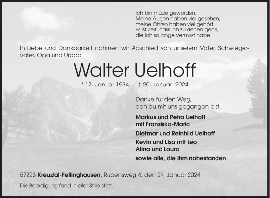 Traueranzeige von Walter Uelhoff von Siegener Zeitung