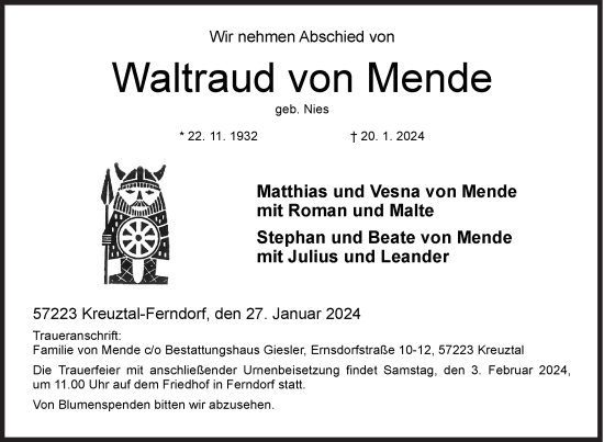 Traueranzeige von Waltraud von Mende von Siegener Zeitung