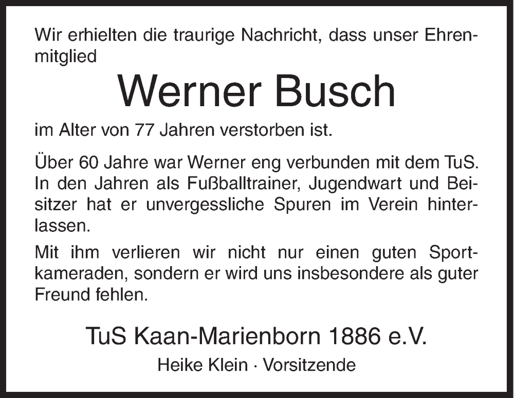  Traueranzeige für Werner Busch vom 29.01.2024 aus Siegener Zeitung