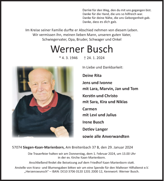 Traueranzeige von Werner Busch von Siegener Zeitung