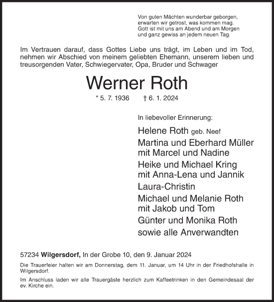 Traueranzeige von Werner Roth von Siegener Zeitung