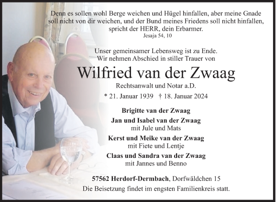 Traueranzeige von Wilfried van der Zwaag von Siegener Zeitung