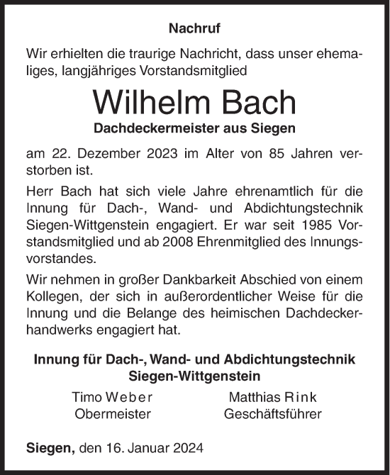 Traueranzeige von Wilhelm Bach von Siegener Zeitung