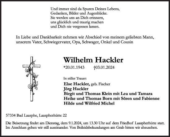 Traueranzeige von Wilhelm Hackler von Siegener Zeitung