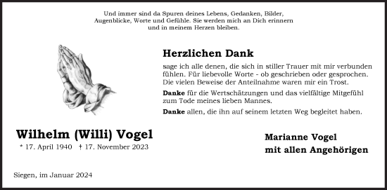Traueranzeige von Wilhelm  Vogel von Siegener Zeitung