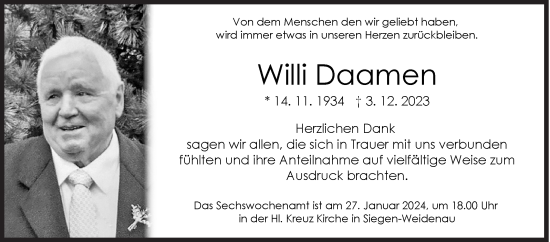 Traueranzeige von Willi Daamen von Siegener Zeitung