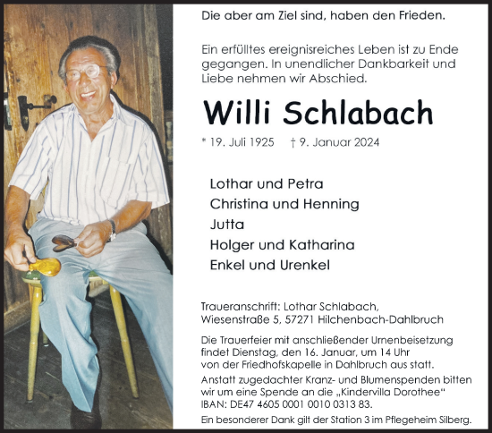 Traueranzeige von Willi Schlabach von Siegener Zeitung