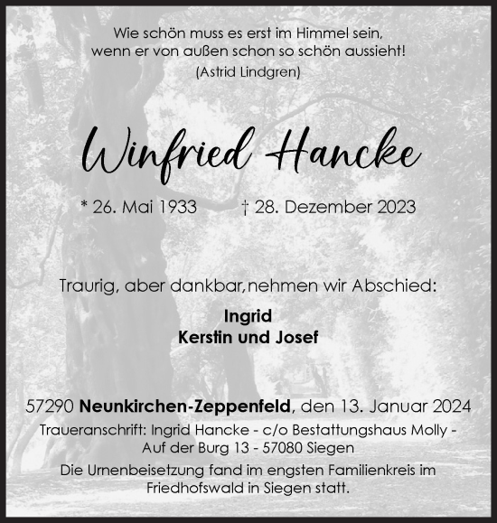 Traueranzeige von Winfried Hancke von Siegener Zeitung
