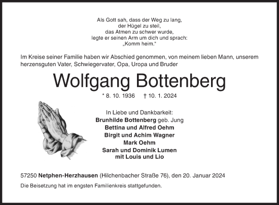 Traueranzeige von Wolfgang Bottenberg von Siegener Zeitung