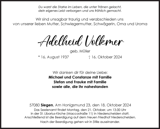 Traueranzeige von Adelheid Volkmer von Siegener Zeitung