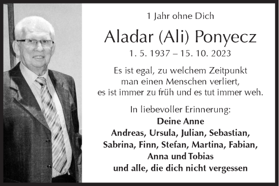 Traueranzeige von Aladar Ponyecz von Siegener Zeitung