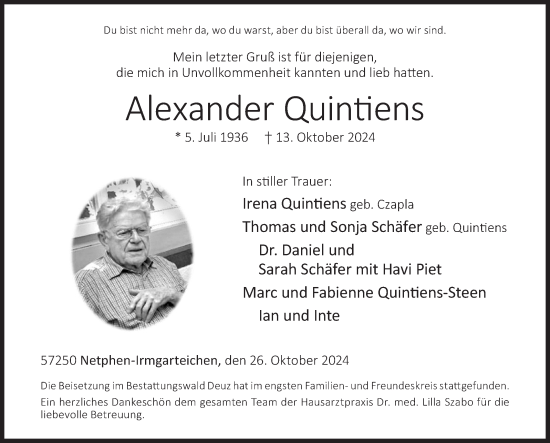 Traueranzeige von Alexander Quintiens von Siegener Zeitung