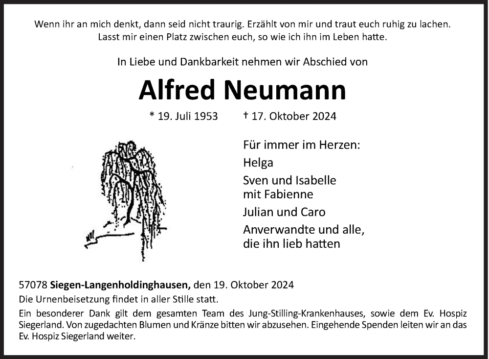  Traueranzeige für Alfred Neumann vom 19.10.2024 aus Siegener Zeitung