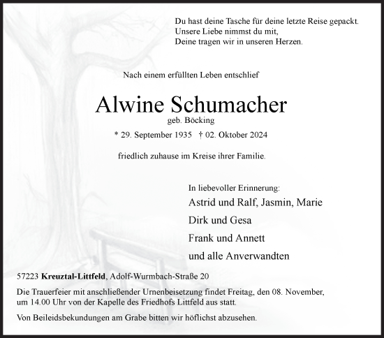 Traueranzeige von Alwine Schumacher von Siegener Zeitung