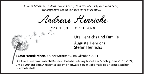 Traueranzeige von Andreas Henrichs von Siegener Zeitung