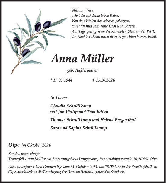 Traueranzeige von Anna Müller von Siegener Zeitung