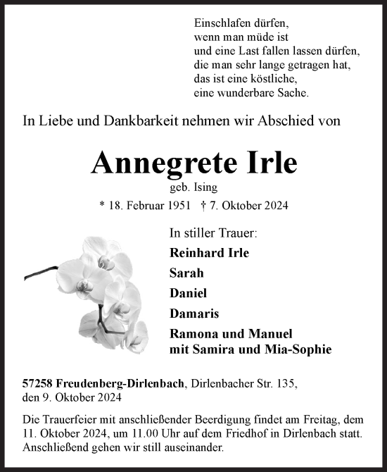 Traueranzeige von Annegrete Irle von Siegener Zeitung