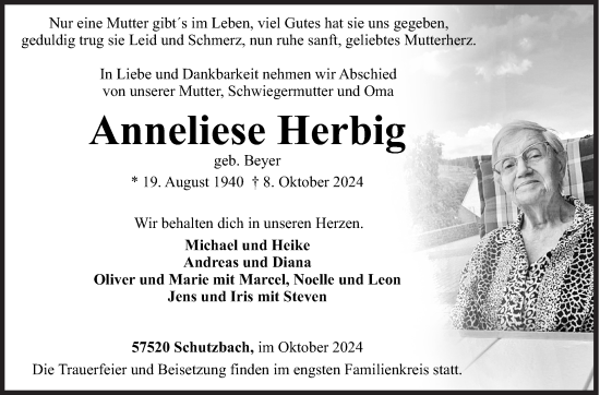 Traueranzeige von Anneliese Herbig von Siegener Zeitung