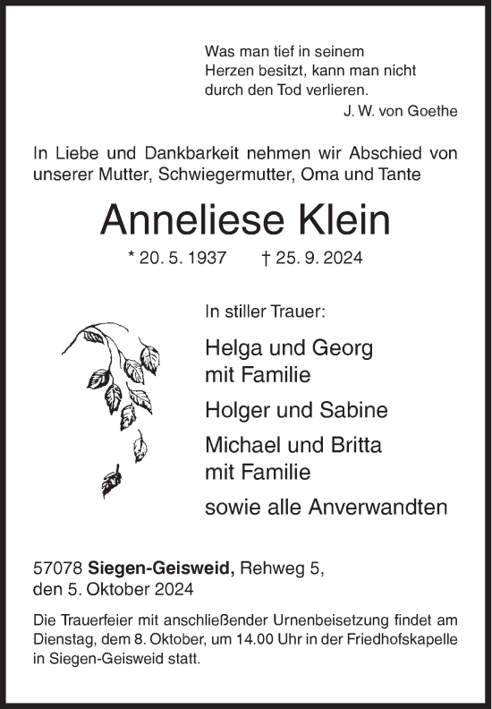 Traueranzeige von Anneliese Klein von Siegener Zeitung