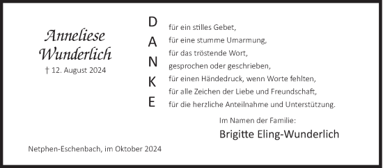 Traueranzeige von Anneliese Wunderlich von Siegener Zeitung