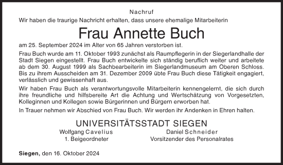 Traueranzeige von Annette Buch von Siegener Zeitung