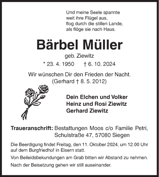 Traueranzeige von Bärbel Müller von Siegener Zeitung