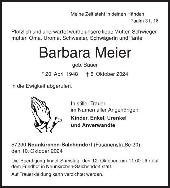 Traueranzeige von Barbara Meier von Siegener Zeitung