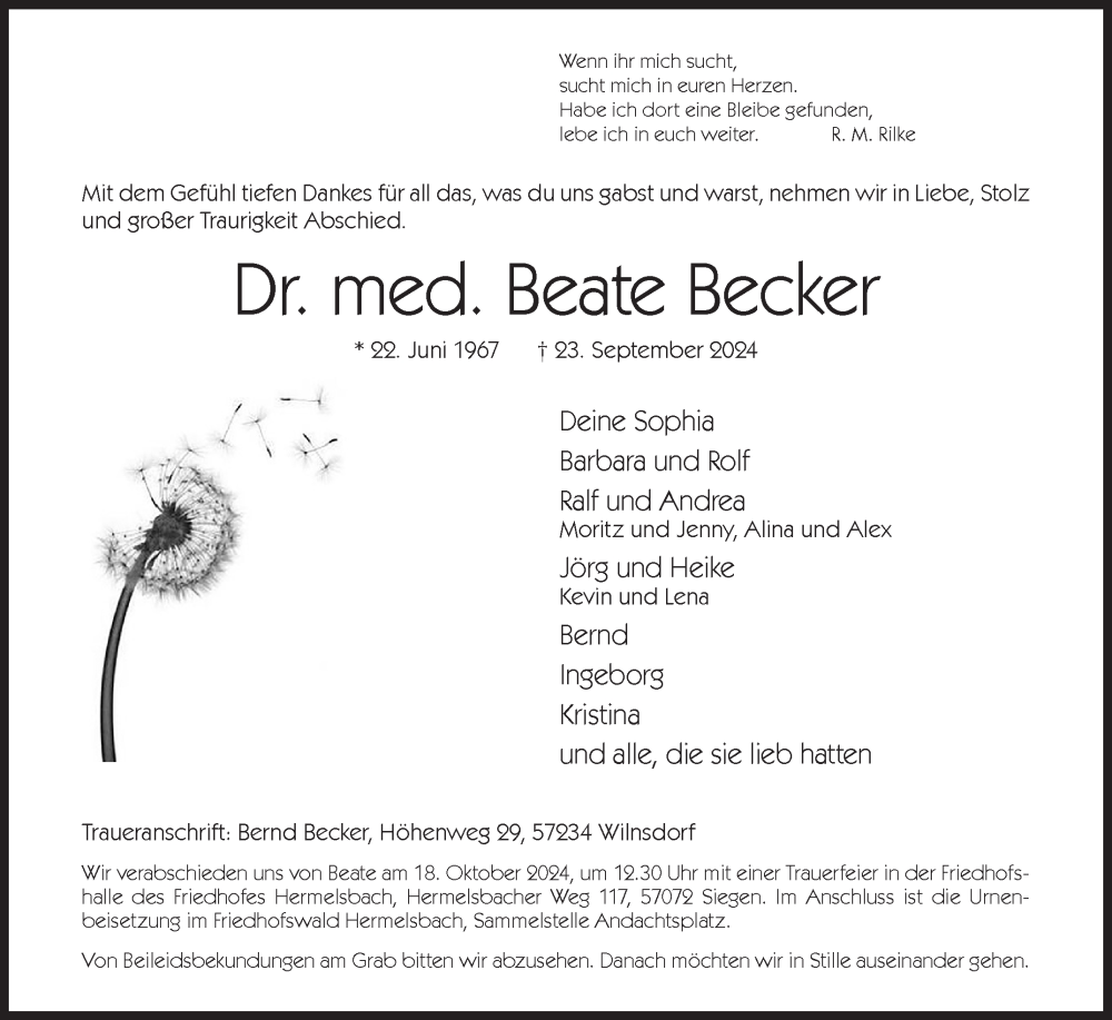  Traueranzeige für Beate Becker vom 05.10.2024 aus Siegener Zeitung